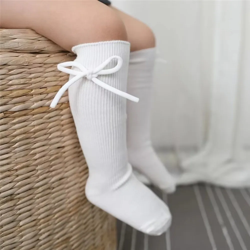 

Cute Solid Color Knee High Socks Bow Soft Girls Bowknot Flat Long Sock Breathable Cotton Children Princess Sockes