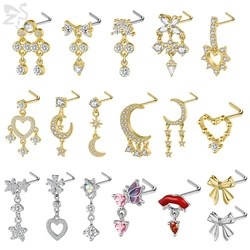 ZS 1 Piece Shiny CZ Crystal Nose Stud 20G L Shaped Stainless Steel Nose Piercings Flower Butterfly Heart Shape Nostril Piercing