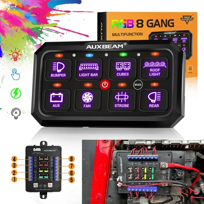 Auxbeam RGB 8 Gang Switch Panel Toggle/Momentary/Pulsed Supported Without App Control (One-Sided Outlet/Two-Sided Outlet)