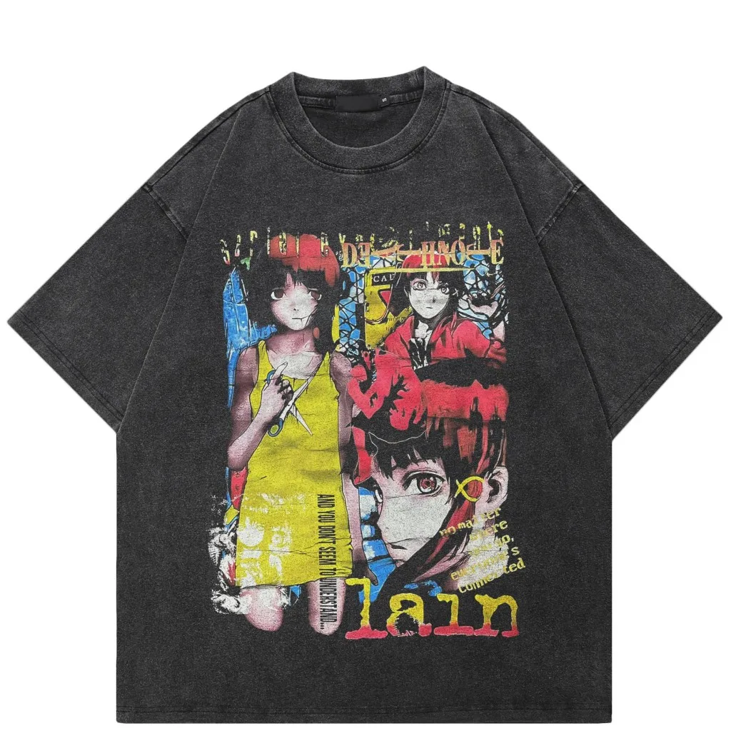 

Summerretro washed t-shirt serial experiments lain pattern printing t-shirt men's women's clothing short-sleeved cotton t-shirt
