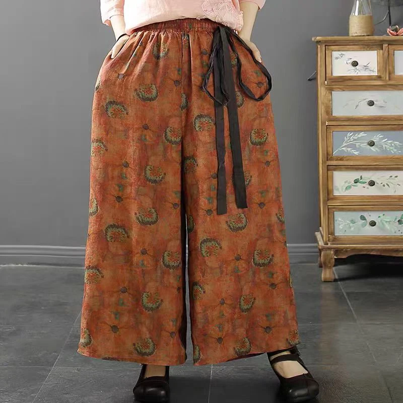 Retro étnico impressão solta perna reta calças casuais cintura alta perna larga nove pontos solto ajuste feminino plus size calças