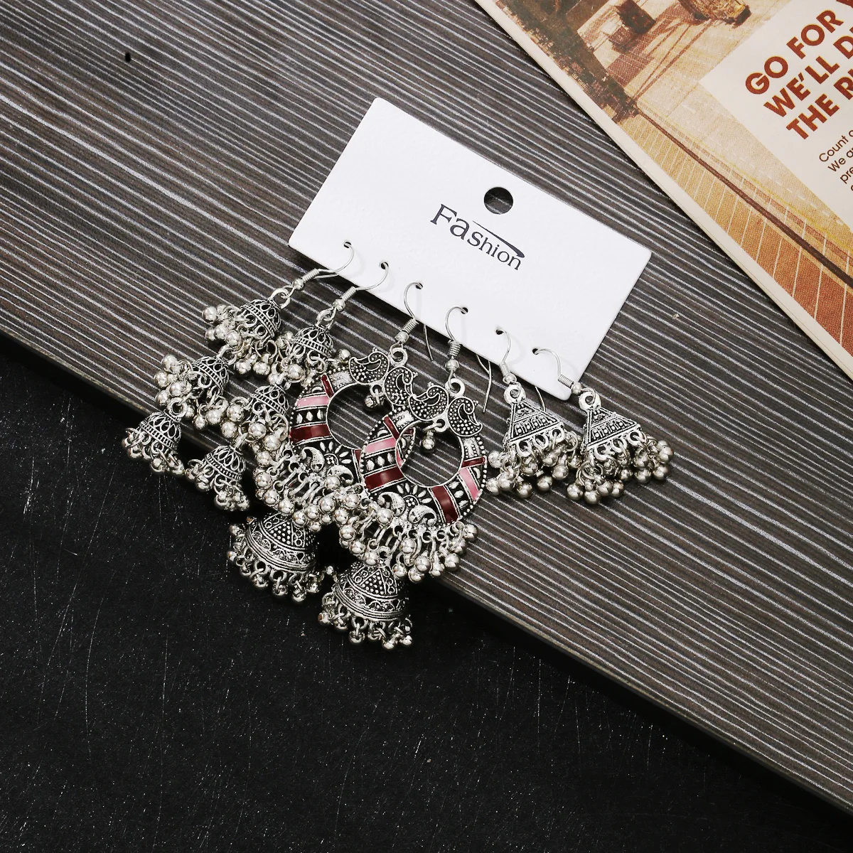 Women\'s Earrings Set Ethnic Retro Silver Color Chain Tassel Earrings Boho Flower Geometric Dangle Earrings Female Indian Jewelry