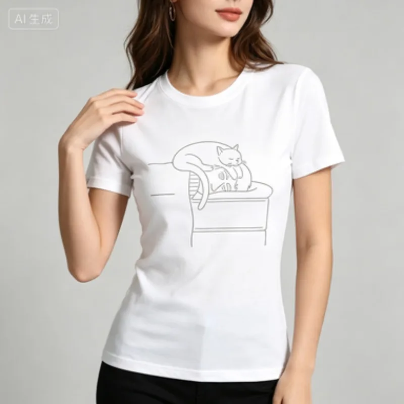 Women Modal T‑Shirt Minimalist Line Drawing Napping Cat Graphic Print Cute Pet‑Inspired Standard‑Fit Casual Comfort Ladies Top