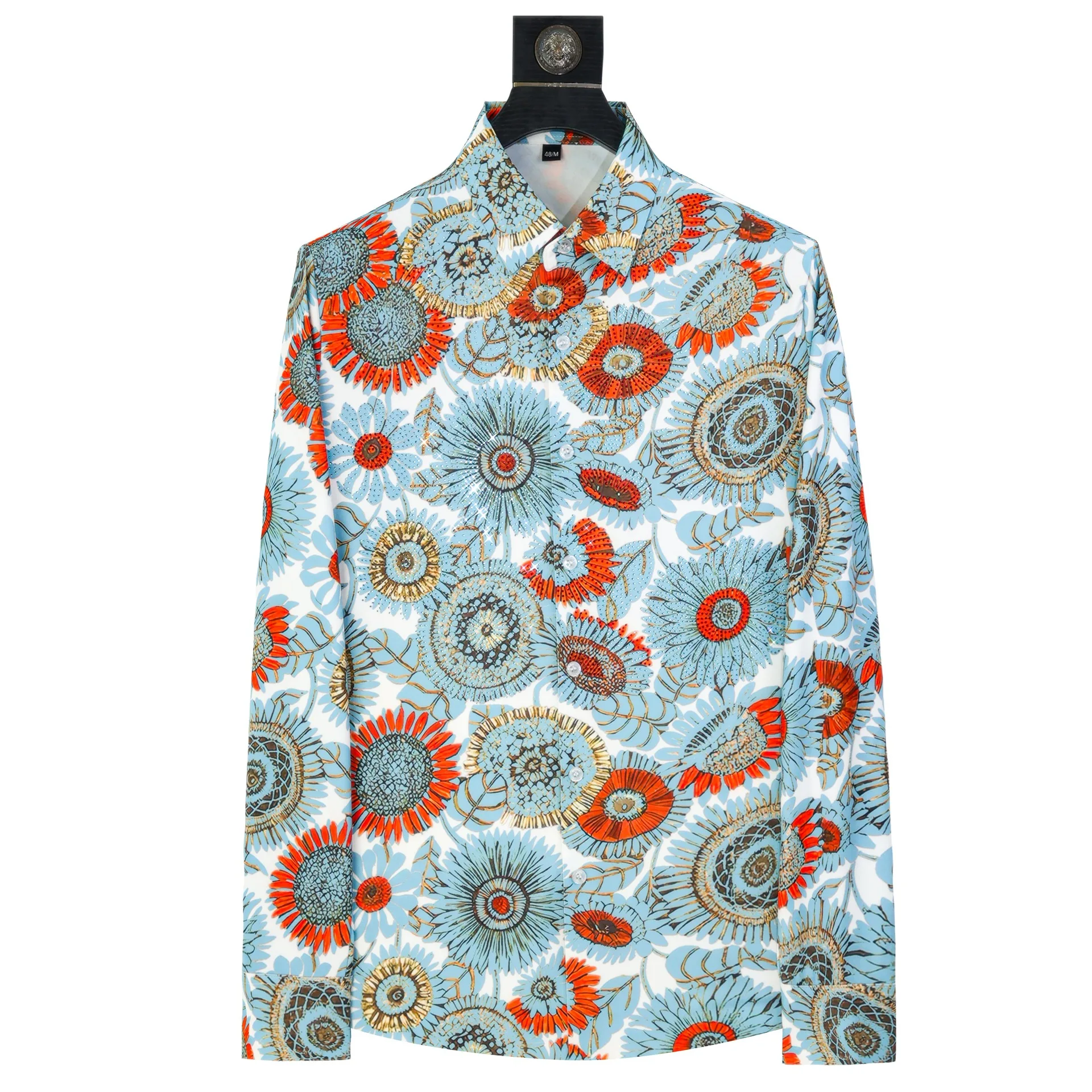 2026 Vintage Floral Rhinestone Shirt for Men Long Sleeved Casual Business Shirts Social Street Wear Versatile Shirt Men Clothing