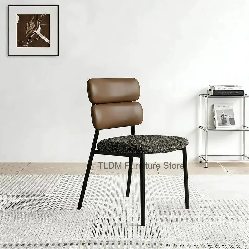Modern Padded Back Dining Chair, Mixed Textured Fabric Round Cushioned Seat Minimal Armless Leisure Side Stool for Kitchen