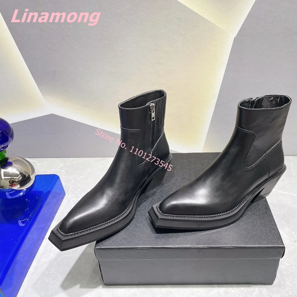 2024 Winter New Women Solid Ankle Boots Leather Free Shipping Luxury Pointed Toe Gladiator Square Low Heel Cool Office Shoes