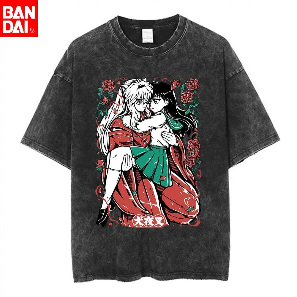 

Inuyasha & Kagome Higurashi "Ningen Inu" Vintage Wash Print T Shirt Men 2026 Summer Black Oversized Tee Anime Streetwear
