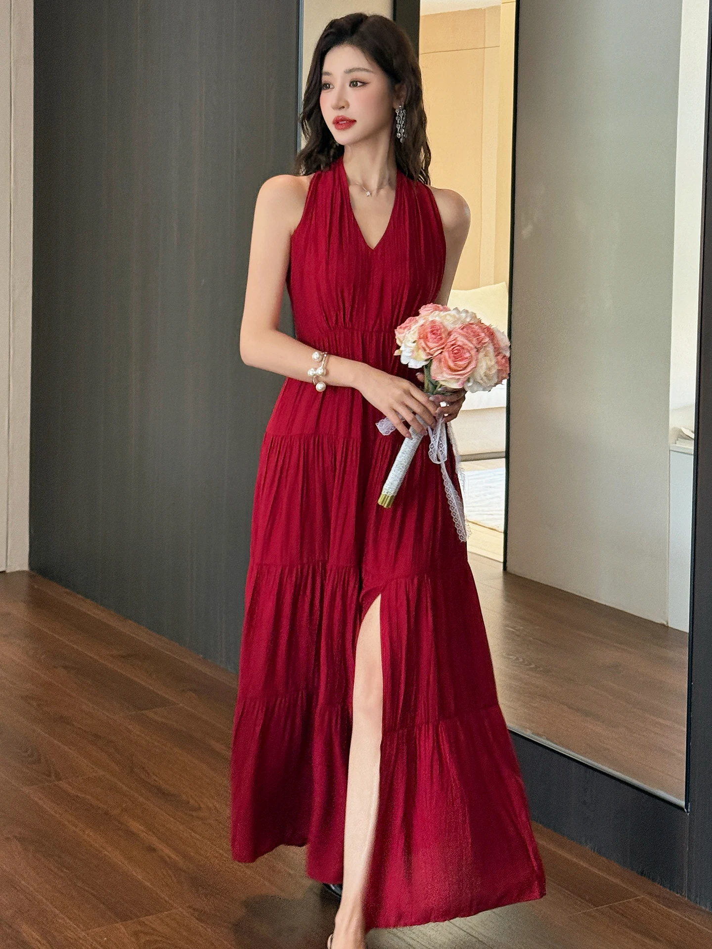 

Vacation Style Off-Shoulder V-Neck Waist-Cinched Red Cake Skirt Dress Women's Summer Fashionable Breathable Gown for Various ...