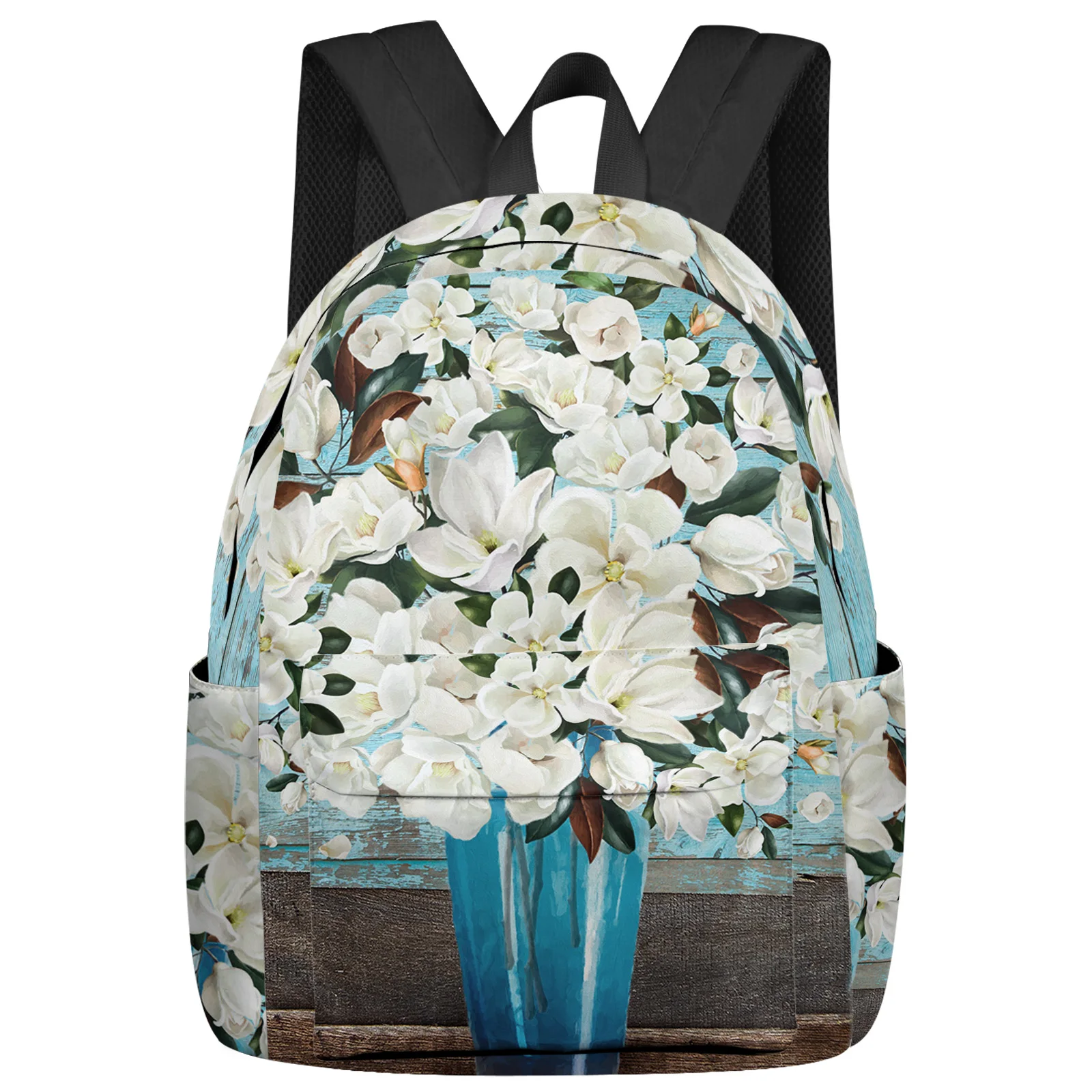 White Magnolia Flower Vintage Wood Grain Women Man Backpacks Waterproof School Backpack For Student Boys Girls Bags Mochilas