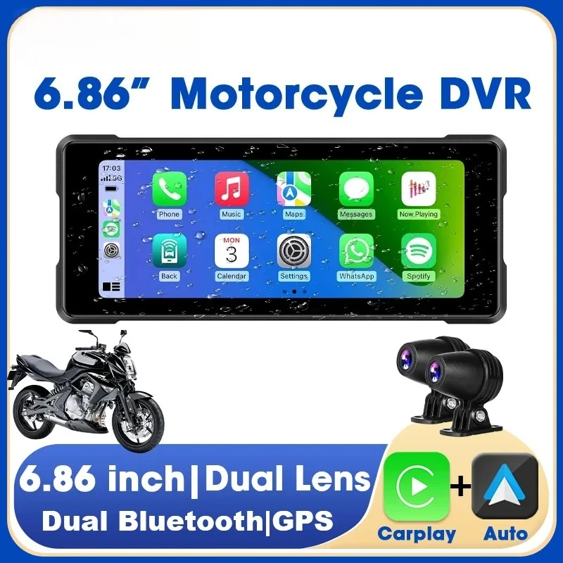 

EVOVE 6.86'' Motorcycle DVR GPS Navigation with Wireless Carplay Android Auto Dual Bluetooth IP67 Waterproof DashCamMoto Monitor