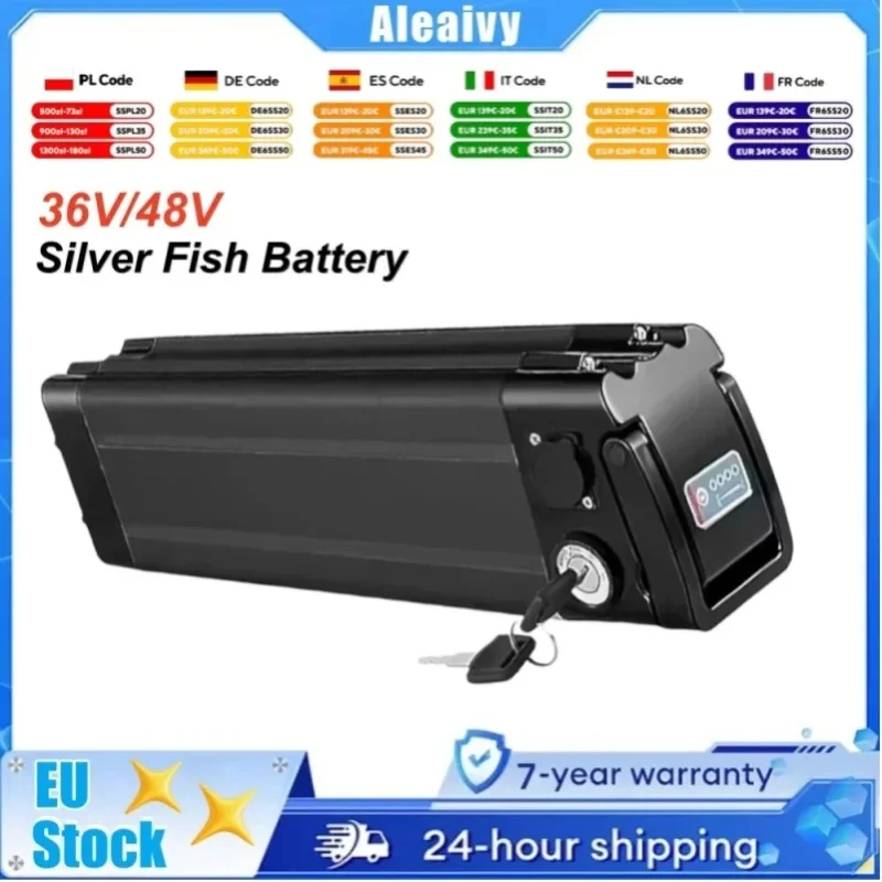 EU-Lagerbestand: 36V 48V Wiederaufladbare Silver Fish Lithium-Batterie 15Ah 20Ah 25Ah für E-Bikes mit 250W 350W 500W 750W 800W 1000W Motor, integriertes BMS mit Ladegerät