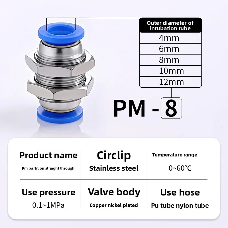 PM4 Pneumatic Quick Connector Straight Through Bulkhead Fitting 6 8 10mm Air Tube Coupling