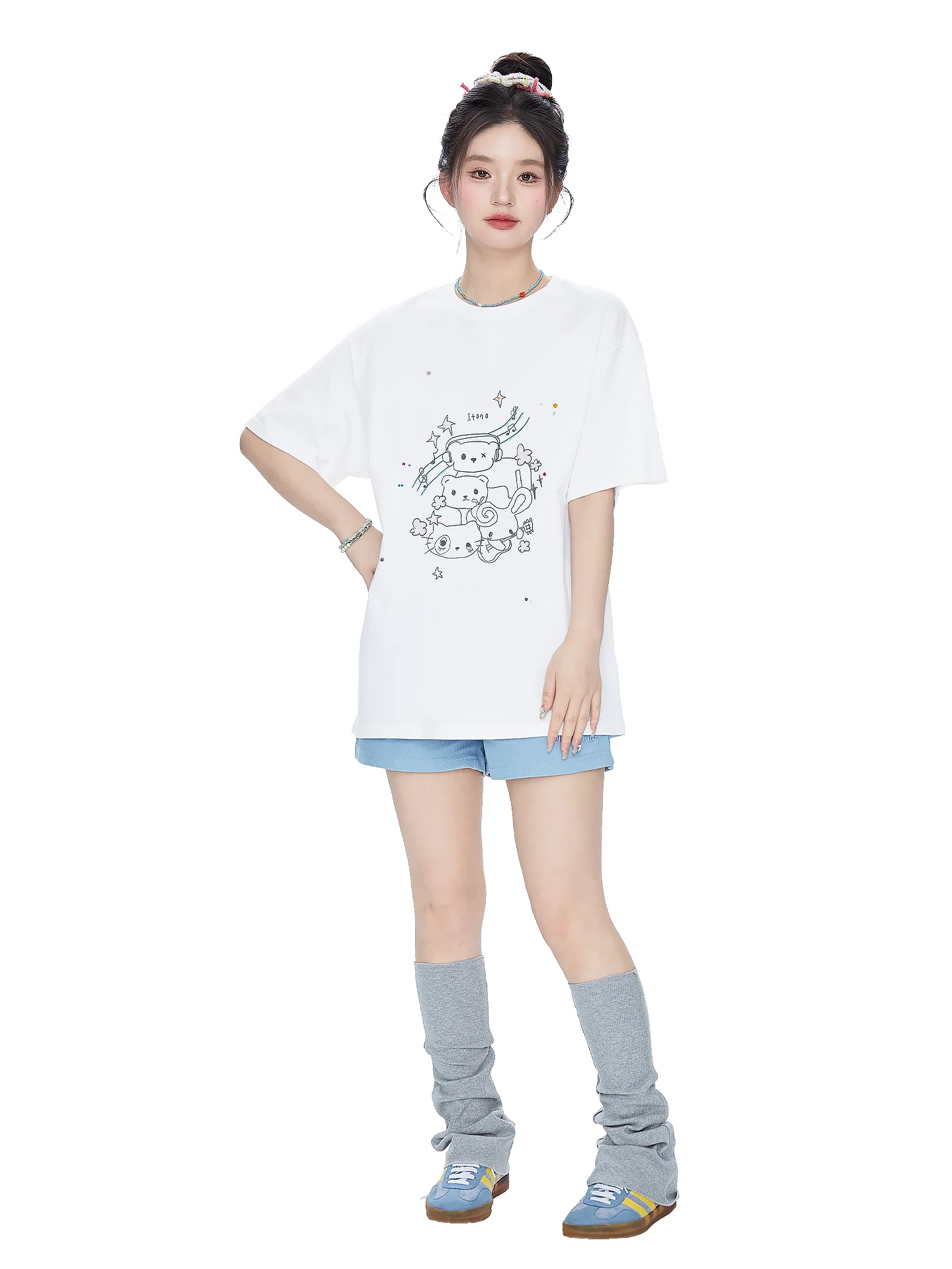 Itono Drawn Style Cute Pet Print Short Sleeve T-Shirt Women's Loose Slimming Casual Spring Summer Top Korean Style round Neck...