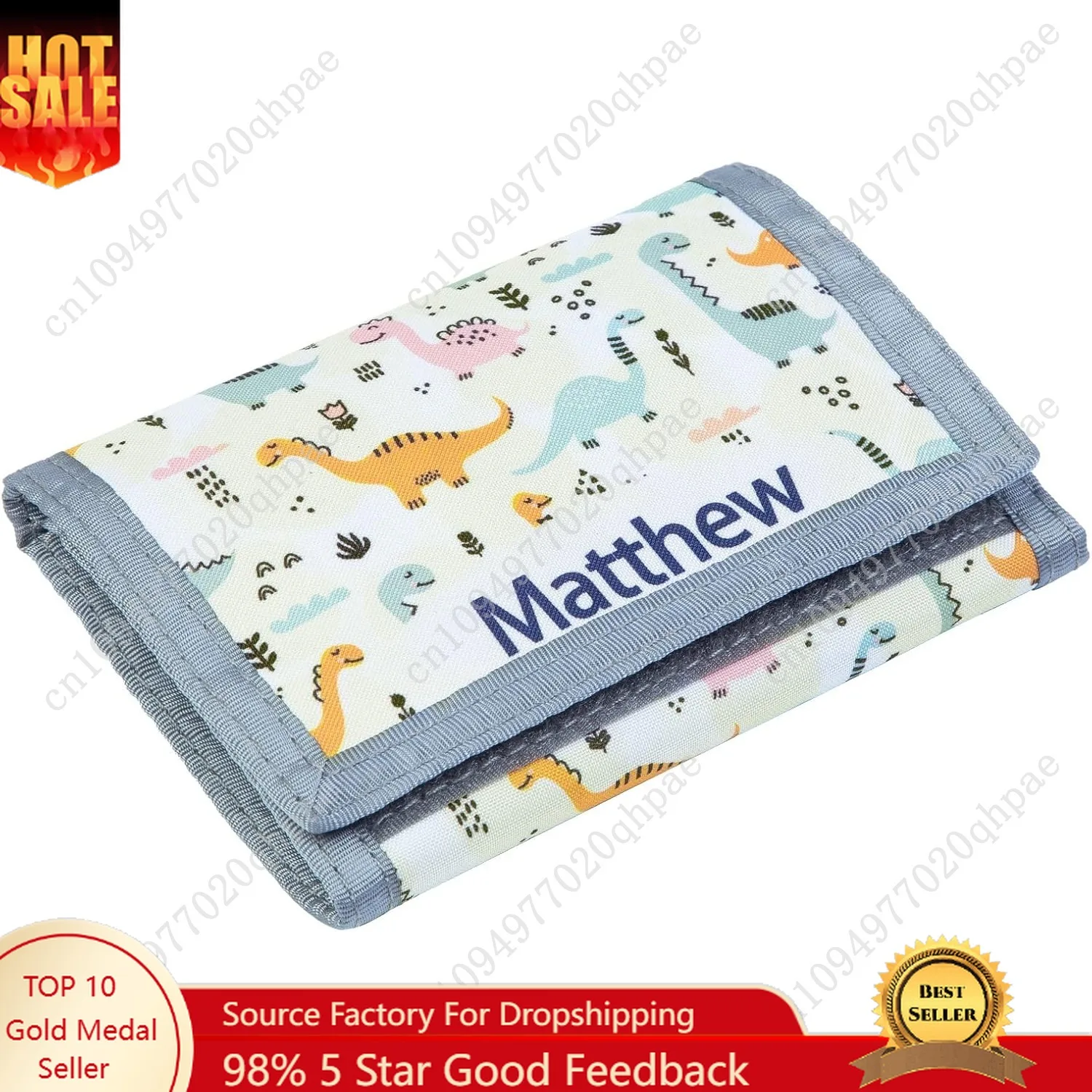 Nobelook Personalized Kids Wallet Custom Engraved Name Trifold Canvas Dinosaur Animal Cartoon Wallet with Zipper for Boys and Gi