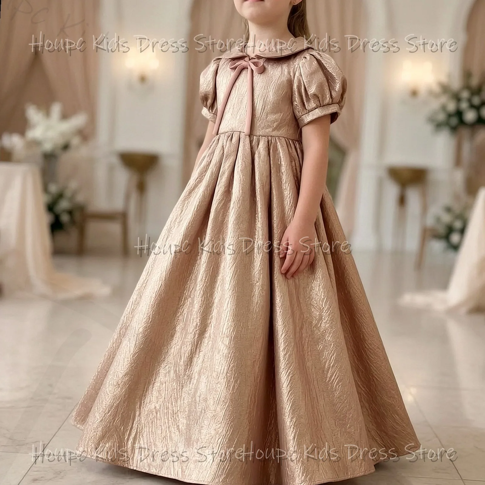 Wedding Custom Flower Girl Dresses Champagne Gold Satin Peter Pan Collar Puffed Sleeve Floor-Length Formal Wedding Birthday