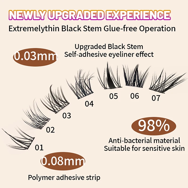 100-160Cluster Eyelash Extension No Need Glue ClusterLashes Glue Free 10-13mm D Curl Reusable Self-Adhesive Evelashes