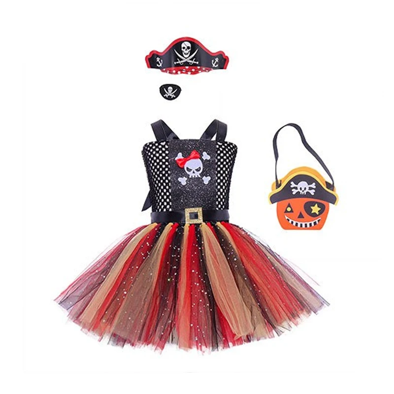 Neues Mädchen Piraten Kostüm Halloween Kinder Piraten cos Party Kostüm Ball Schädel Tutu Rock Gaze flauschiges Kleid Kostüm