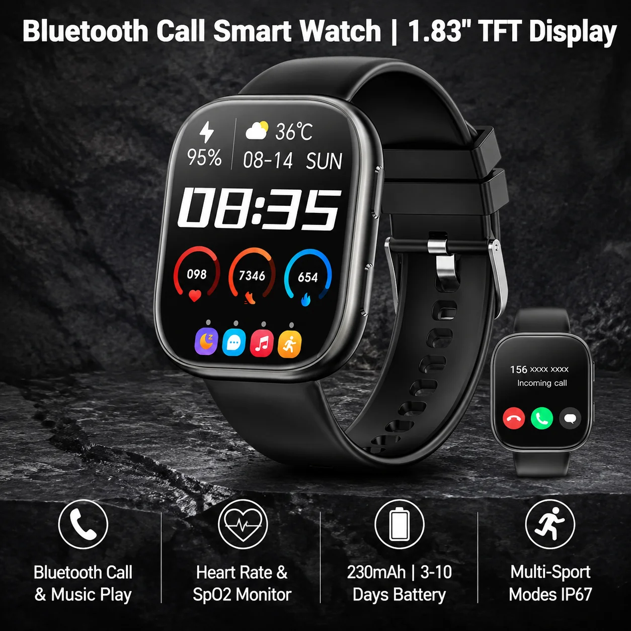 Bluetooth Anruf Smartwatch Herren Damen 1,83 Zoll TFT Display BLE5.3 IP67 Wasserdicht Fitnessuhr Herzfrequenz SpO2 Schlafmonitor Multi‑Sport 230mAh für Android iOS GloryFit