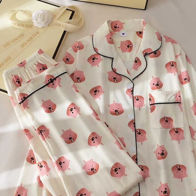 Kawaii Loopy Pajamas Set Anime Cartoon Print Long-Sleeved Trousers Sanrio Cardigan Style Thin Polyester Cute Girl Home Clothes