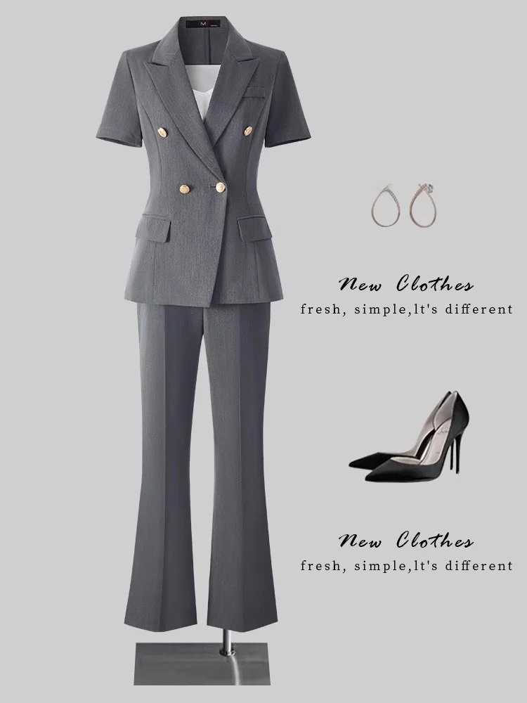 

ay Summer Women's Suit Set Thin Formal Work orm Hotel Stf ort Sve Suit Jaet Commute Sle Pure Color Design