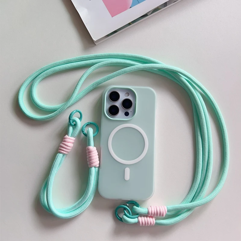 

Магнитный чехол для телефона с ремешком через плечо и браслетом для Iphone 16 17 Air 15 13 12 11 14 Pro Max Plus 16e Magsafe Soft Cover