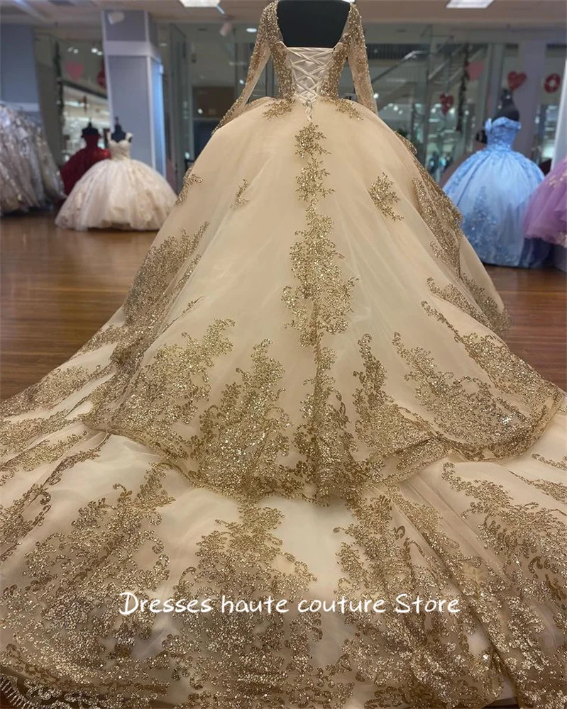 Sang Trọng Xù Dài Tay Quinceanera Áo Thanh Lịch Ngọc Trai Voan Bi Đồ Bầu Có Chỉ Vàng Đầm Công Chúa Áo Dây De Bal