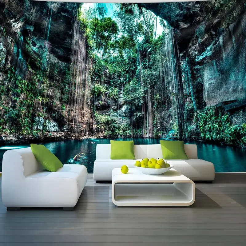 VIKAMA Cenote Cave Sinkhole Jungle Vines Turquoise Pool Tapestry Nature Landscape Wall Hanging Living Room Bedroom Decor