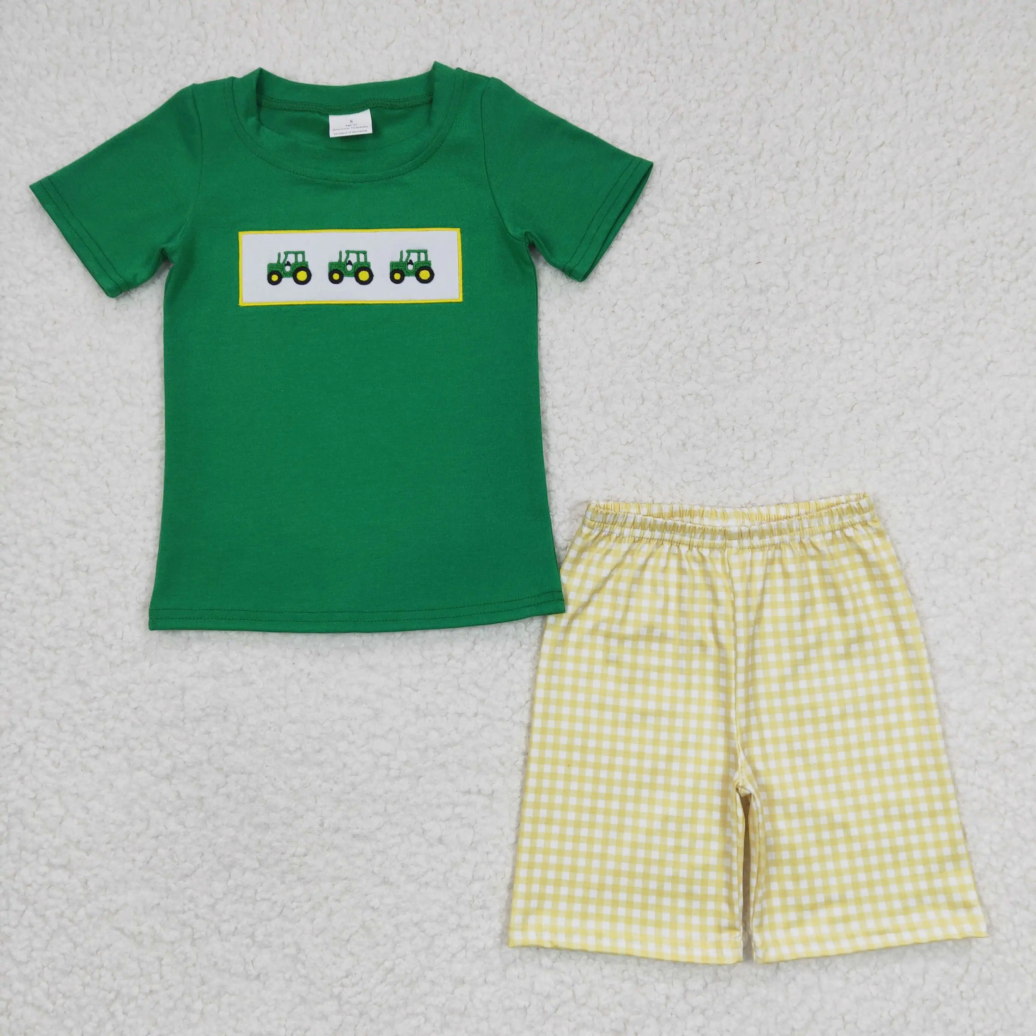 

New Design RTS Baby Embroidery Shorts Clothing Suit Children Tractor Summer Sets Kids Boys Green Outfits
