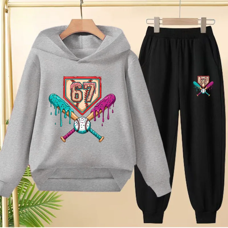 

67 Baseball Print Children's Hoodies Set 3-13Y Streetwear Block Set Fashion Comfortable Kids Girl Sweatshirt 2 Pcs Set Pant Suit