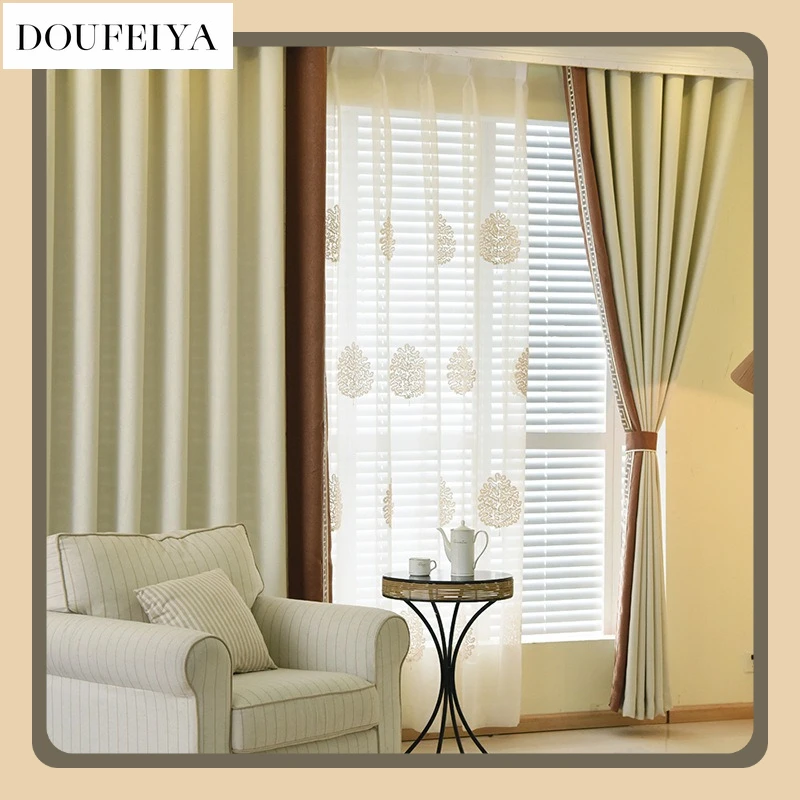 Fashion New Chinese Style  Grain Linen Blackout Curtains for Living Room and Bedroom Bay Window Blackout Curtains White Tulle