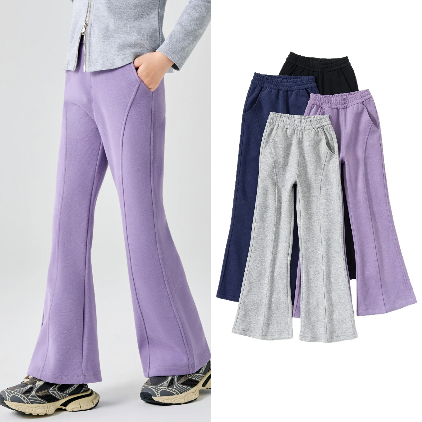 

Girls Flare Sweatpants Teen Kids Brushed Cotton Bell Bottom Pants 4-14Y Elastic Waist with Pockets Soft Autumn Daily Trousers