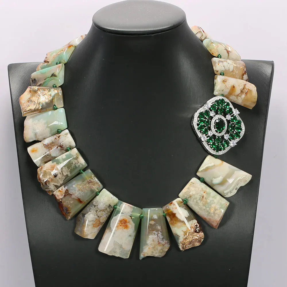 

GG Point Top Drilled Green Ocean Jasper Agate Stone Slab Nugget Coated CZ Connector Necklace Handmade For Lady Gifts