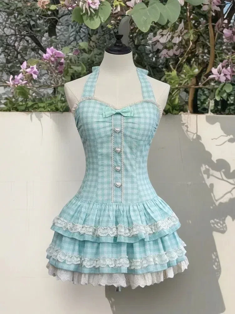 Sommer Japanische Party Kawaii Lolita Kleid Frauen Vintage Süße Spitze Bogen Rüschen Kuchen Kleider Harajuku Y2k Schlank Verband Kleid