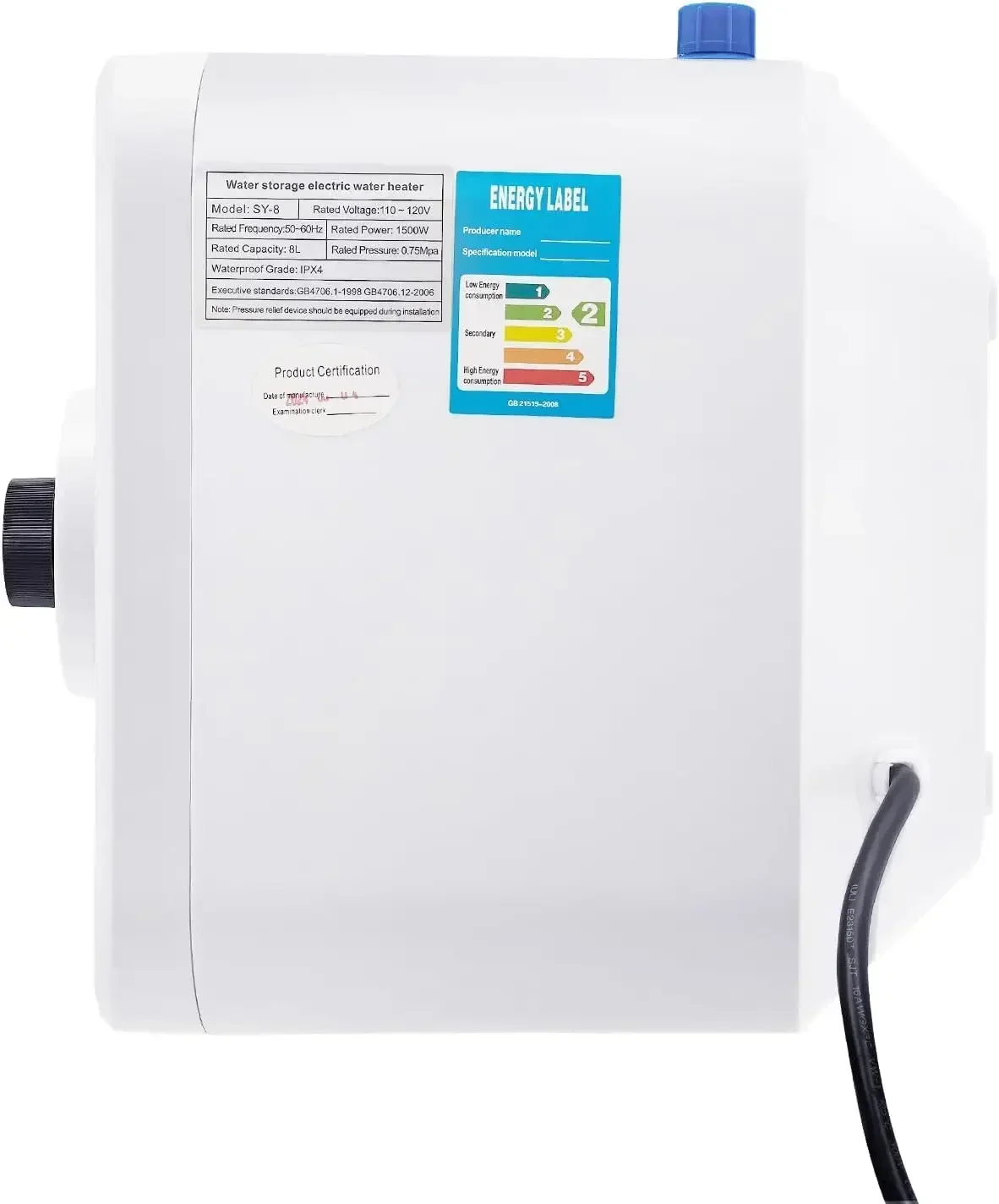 Scaldabagno elettrico mini serbatoio da 2,1 galloni Punto di utilizzo istantaneo Scaldabagni per rimorchio camper Bagno Cucina, 1500 W 110 V