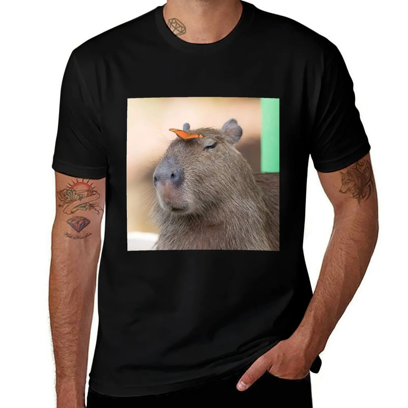 

Capybara with butterfly T-Shirt blacks cotton man t-shirts football t shirt plain black t shirts men