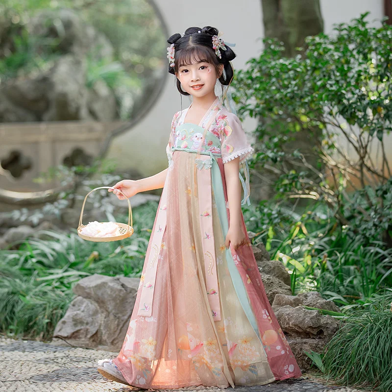 2022 New Girls' Hanfu Summer Girls' Chinese Style Ancient Clothes Super Xianru Skirt Long Sleeve Dress Dragonfly Short Sleeve