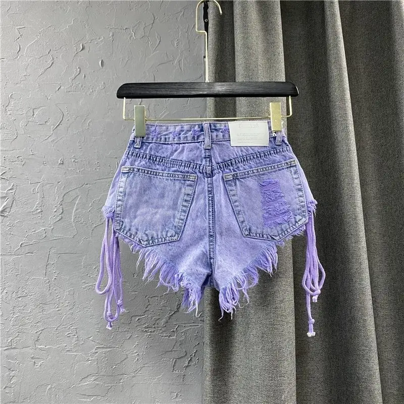 2024  Summer New Women's Purple Shorts Fashion Sexy Low Rise Single Breasted A-line Denim Shorts With Strap Hot Pants Female