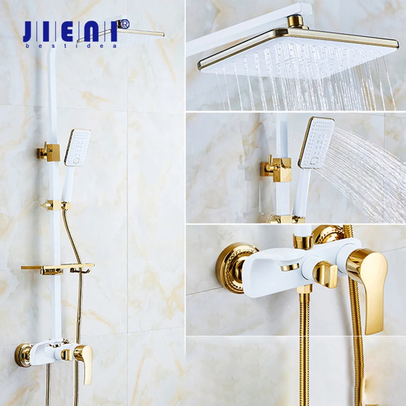 

JIENI Rainfall Bathroom Shower Faucet Set White Gold Adjustable Wall Mounted Shower System Hot Cold Bathroom Shower Tap W/ Shelf