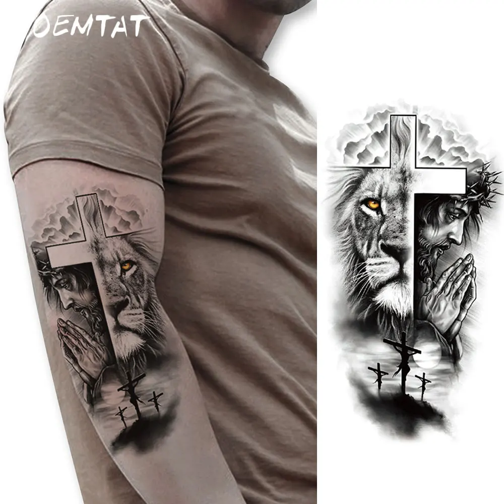 Waterproof Temporary Tattoo Sticker Black Lion Jesus Prayer Cross Thorns Animal Body Art Arm Leg Fake Tattoos Sleeve Women Men view 3