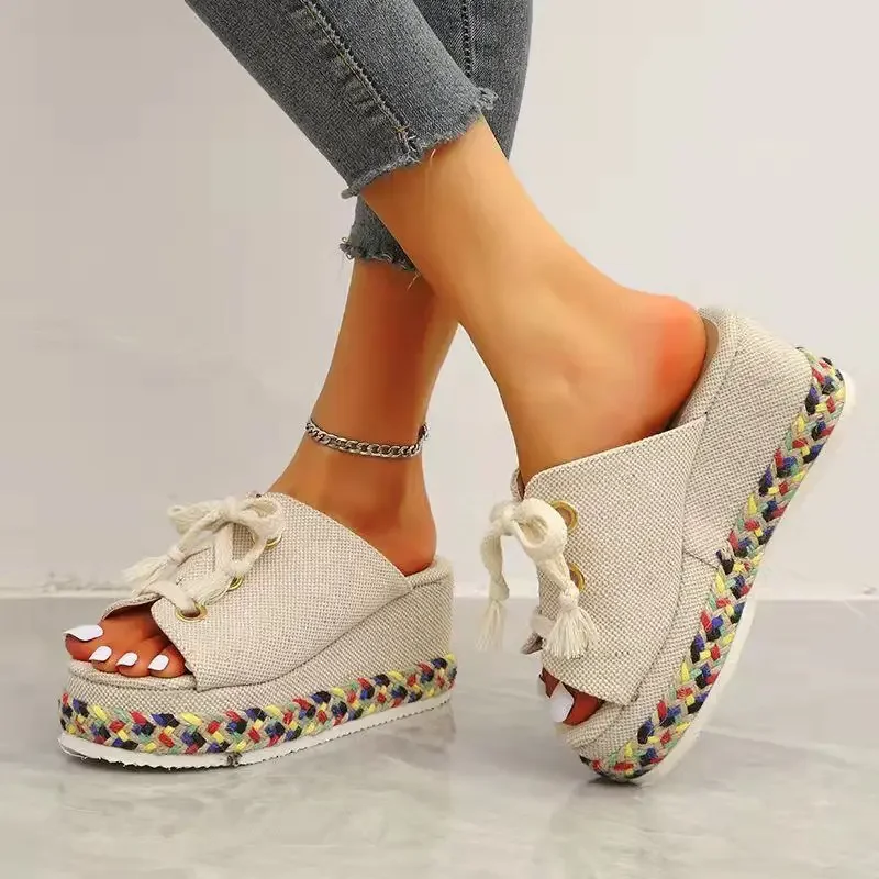 New Summer Women Shoes Lace Up Height Increase Wedge Slippers Woman Plus Size Open Toe Straw Platform Sandals Zapatillas Mujer