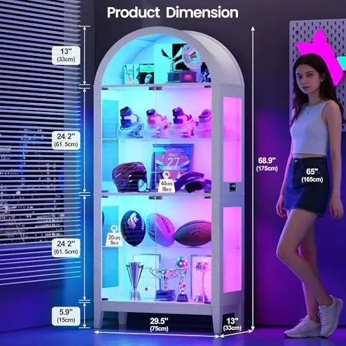 5-Tier Arched Glass Display Cabinet with RGB Lights for Living Room | LED Curio Cabinet with Glass Door & Motion view 2