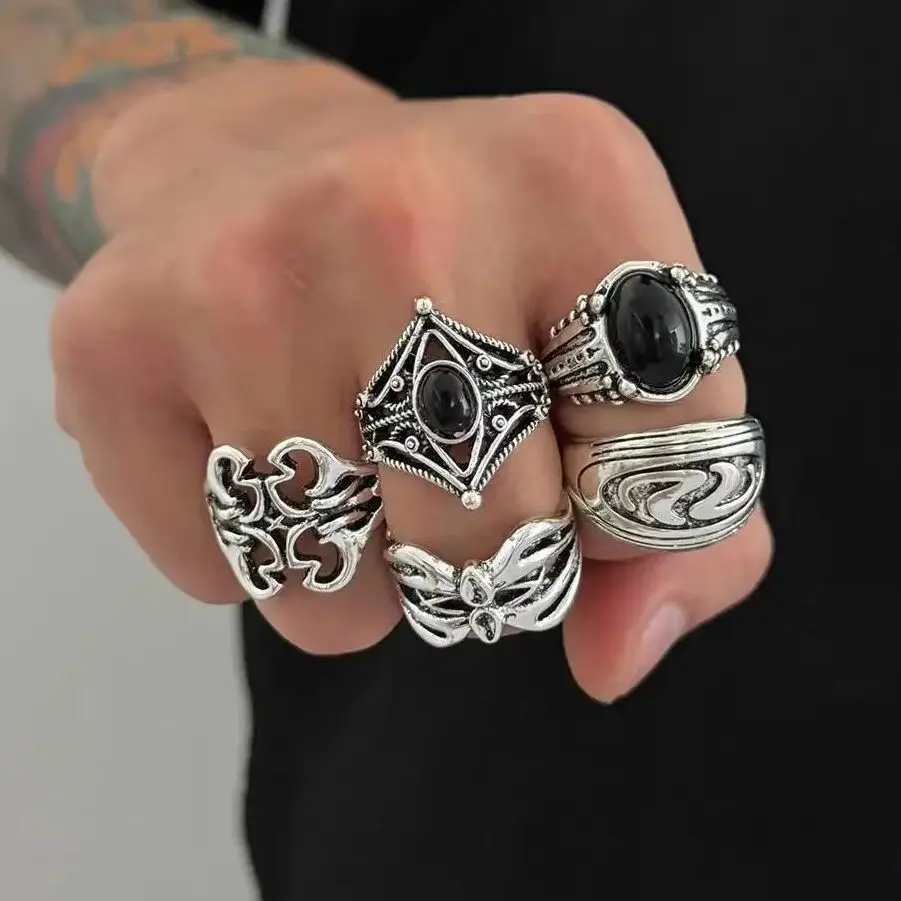 

Lacteo 5Pcs/Set Adjustable Gothic Punk Open Ring for Men Hollow Geometry Chunky Finger Ring Creative Irregular Halloween Jewelry