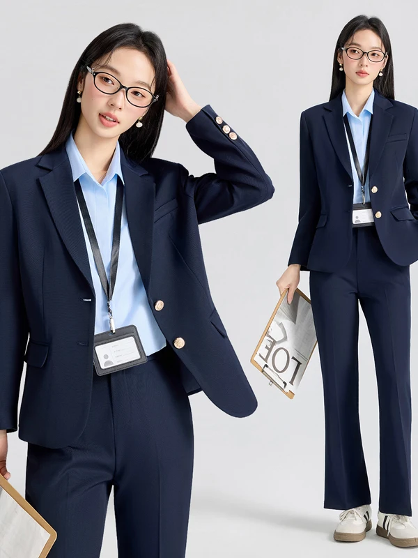 

Business Commute Pure Color Women's Suit Set Slim Fit Button Detailing Nylon Anti-Wrinkle Long Sleeve Spring OL Suit