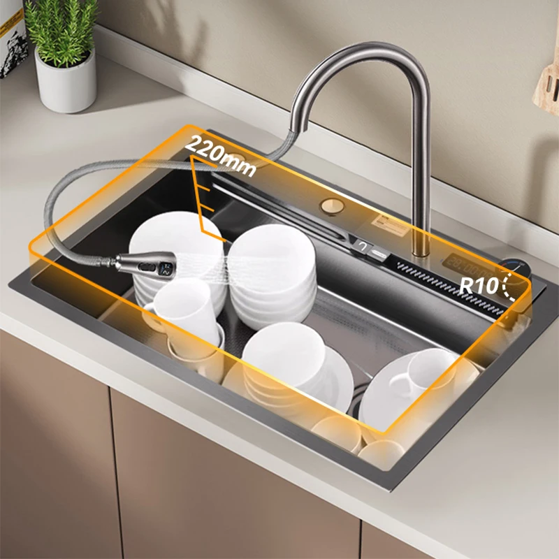 Kitchen stainless steel digital display sink large single-slot honeycomb dish basin nano 304 steel hand-thickened sink