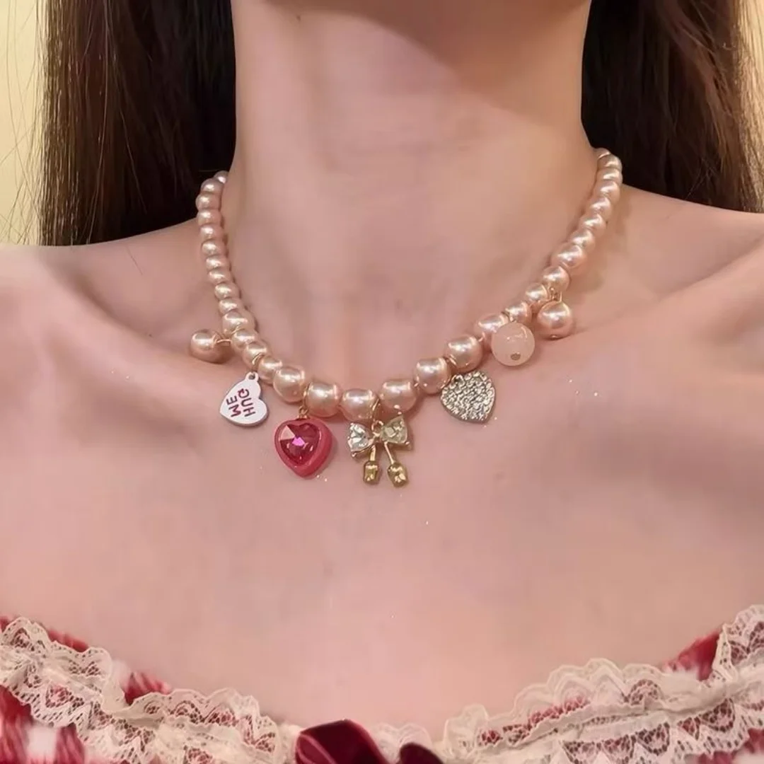 

DUTRIEUX Y2K Korean Champagne Pearl Pink Necklace Love Heart Pendant Chain Bow Women's Banquet Jewelry Choker Earrings Gifts