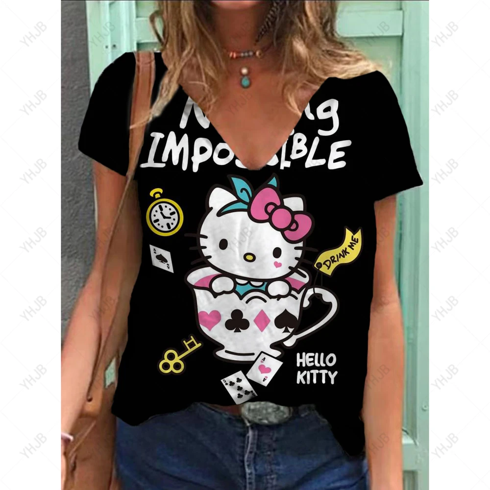الصيف النساء تي شيرت ثلاثية الأبعاد موضة سانريو مرحبا كيتي الطباعة Harajuku تي شيرت الفتيات تي شيرت الملابس الجديدة قصيرة الأكمام الخامس الرقبة