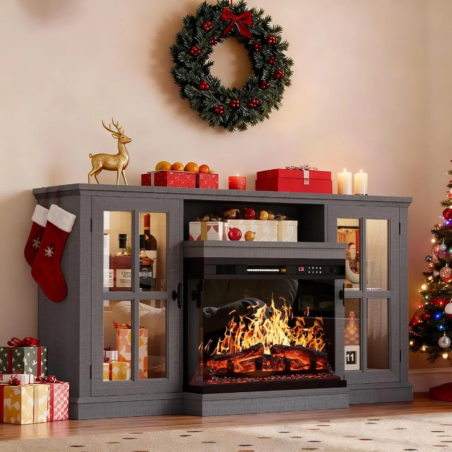 

YESHOMY Стеклянная каминная подставка под телевизор для телевизоров до 65 Медиаразвлекательный центр Консольный столик со светодиодной подсветкой Светло-серый M