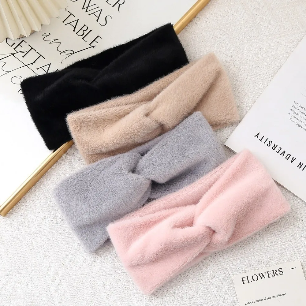 

New Fur Cross Headbands Wide Knitted Hairband Elastic Headwrap Winter Warm