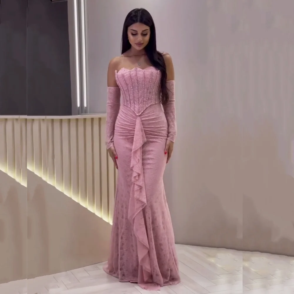 Maßgeschneidertes, hochwertiges Damen-Abendkleid, Spitze, schulterfrei, Rüschen, Meerjungfrau, bodenlang, maßgeschneiderter Anlass, elegante Party