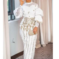 African Pants Suit Modern New Round Neck Lace Long Sleeve Two Piece Women's Set Tassel Trailing Half Dress White Female Outfit